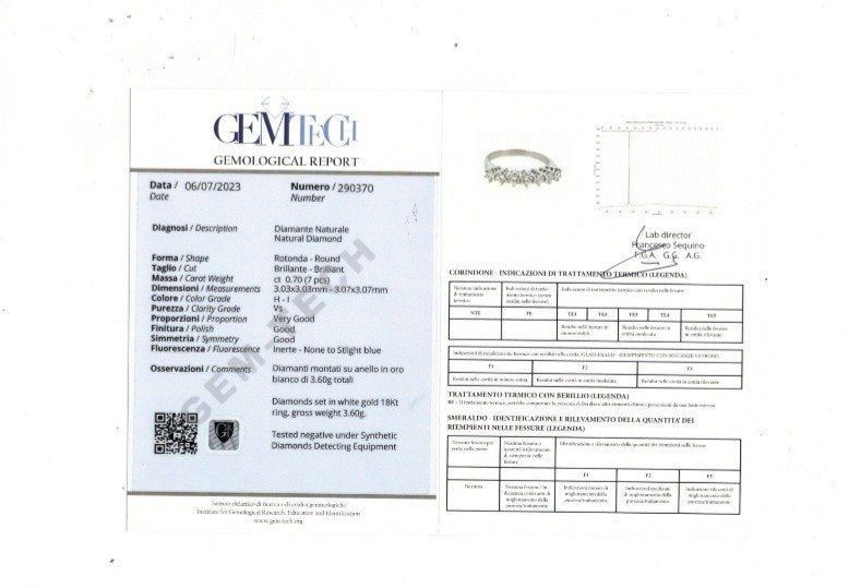 Anello Astralia riviera a 7 Diamanti 0,70 ct in Oro Bianco certificato gemmologico Gem Tech 18 kt (750)