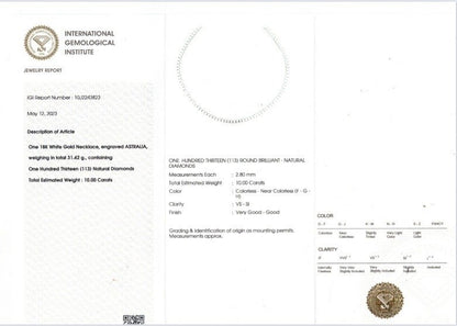 Collana tennis con diamanti Ct 10,00 Oro bianco 18kt-750 certificato IGI