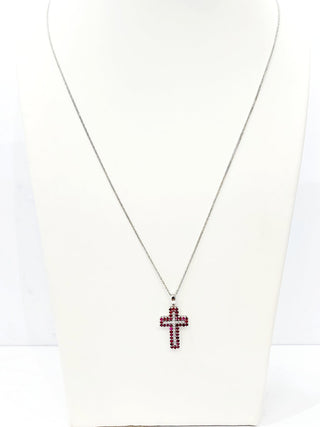 Collana  pendente Croce Oro Bianco 18kt -750  Diamanti naturali ct 0,18  Rubini ct 0,60 ct