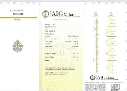 Anello a Goccia Astralia in Oro Bianco con Diamanti ct 1,54 certificazione gemmologica AIG MILAN 18 kt (750)