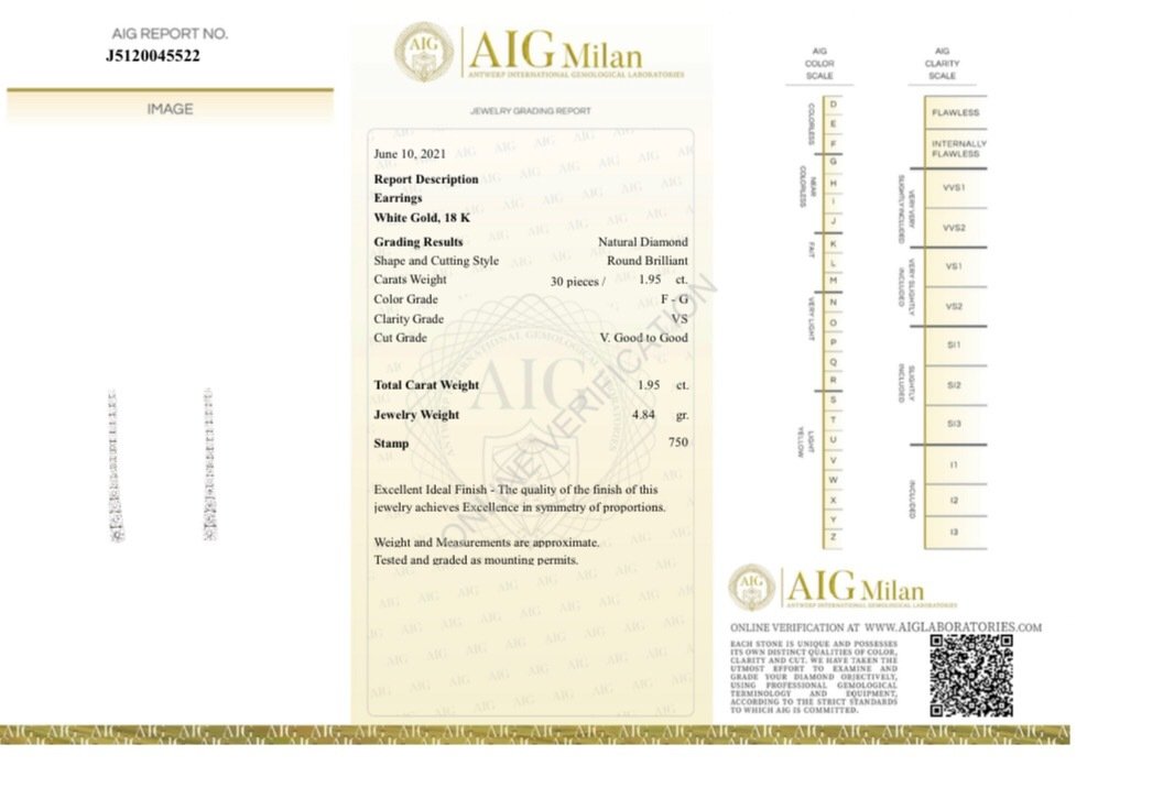 Orecchini pendenti Tennis in Oro Bianco e Diamanti 1,95 ct con certificato Gemmologico registrato AIG Milan 18 kt (750)