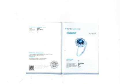 Anello centrale con contorno di diamanti da ct 0,35 e zaffiro blu da ct 0,79 in oro Bianco 18kt -750 HRD Antwerp