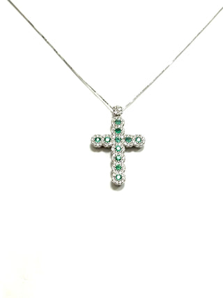 Collana e pendente Croce con Diamanti 1,00 ct e Smeraldi 0,55 ct in Oro Bianco 18 kt (750)