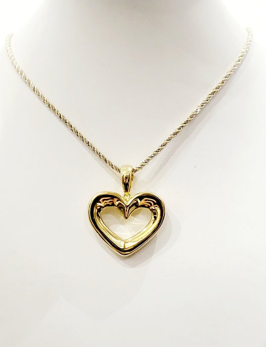 Collana maglia funetta bicolore pendente Cuore in Oro Giallo e Oro Bianco 18 kt -750