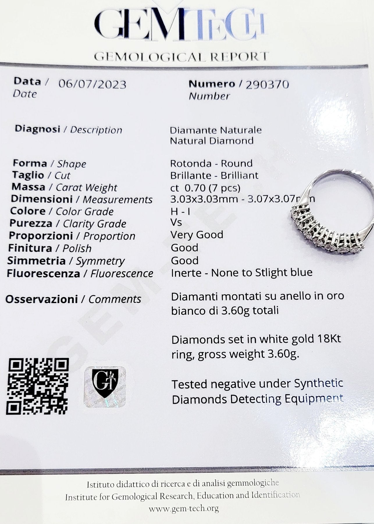 Anello Astralia riviera a 7 Diamanti 0,70 ct in Oro Bianco certificato gemmologico Gem Tech 18 kt (750)