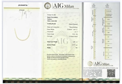 Collana Tennis Semirigida in Oro Giallo e Diamanti 4,99 ct con Certificato Gemmologico registrato AIG Milan 18 kt (750)