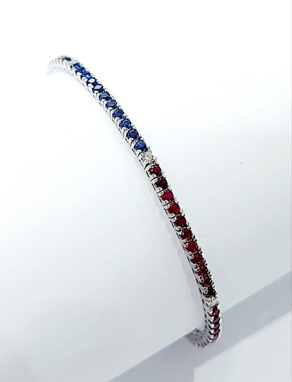 Bracciale tennis modello "Pepsi" in Oro Bianco con Diamanti 0,15 ct, Rubini 1,95 ct e Zaffiri 1,70 ct 18 kt (750)