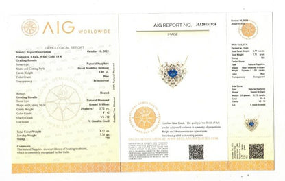 Collana pendente Cuore Oro bianco 18kt - 750 Astralia Zaffiro 1,05 ct e Diamanti 2,72 ct  certificazione AIG MILAN