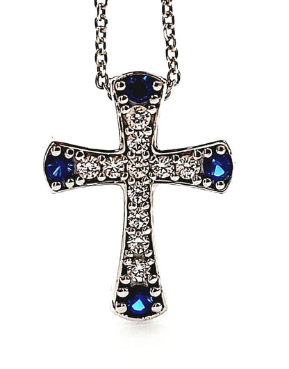 Collana e pendente croce con Diamanti ct 0,35 e Zaffiri blu ct 0,16 in Oro Bianco 18 kt (750)