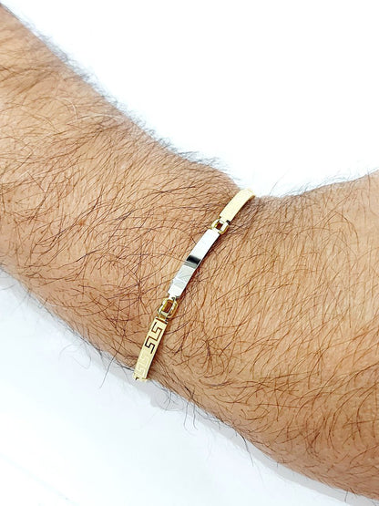 Bracciale Oro bianco e Oro Giallo 18 kt-750 targhette con greca lavorate Uomo