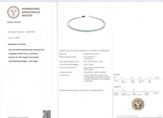 Bracciale Tennis in Oro Bianco con Tormalina paraiba ct 4,60 certificato IGI 18 kt-750 21 cm